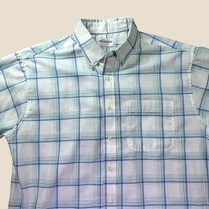 Vintage Windridge Shirt Men L Plaid Button Down Short Sleeve White Blue 90s Top